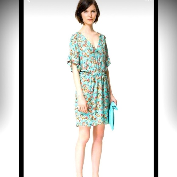 ZARA Basics Turquoise Blue Floral Dress with Pockets and Rolled Hem at Sleeves - Picture 1 of 5